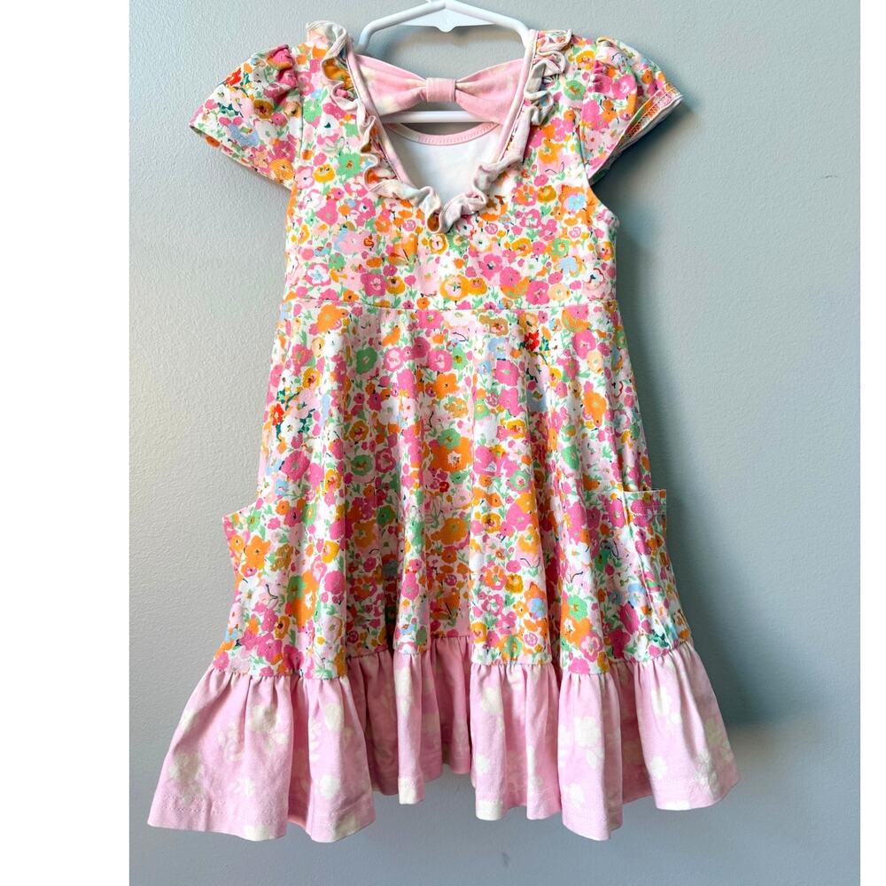 SweetHoney Toddler Girls Floral Twirl Dress with Bow Back & Pockets - Size 3T